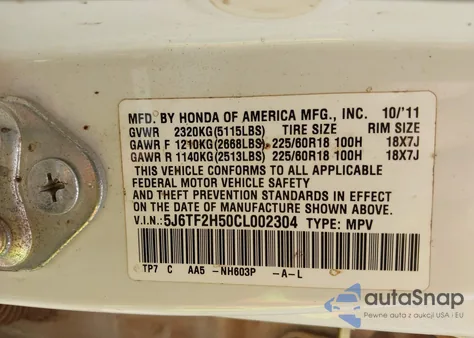 2012 Honda Crosstour Ex-L z USA, uszkodzony, nr VIN 5J6TF2H50CL002304